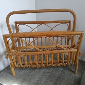 Vintage MCM Rattan Bamboo Magazine Rack LP Holder